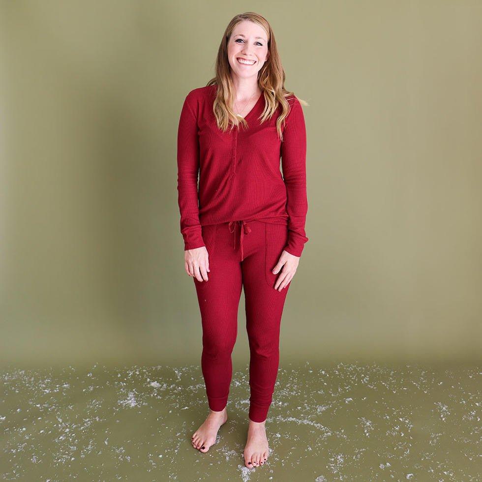Women's Solid Bamboo Long Sleeve Pajama Set, Bordeaux Waffle - Image 3