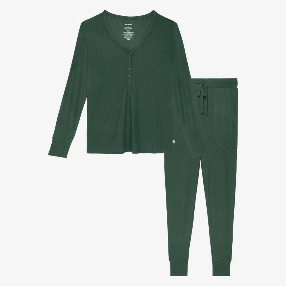 Women's Solid Bamboo Long Sleeve Pajama Set, Pine Waffle
