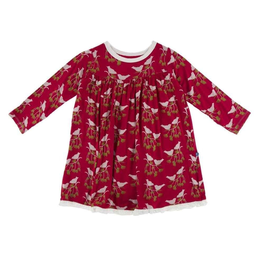 Print Bamboo Classic Long Sleeve Swing Dress - Crimson Kissing Birds