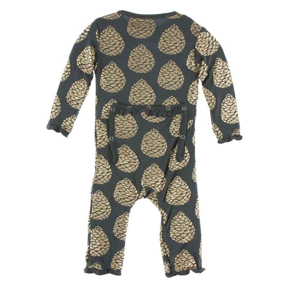 Print Bamboo Classic Ruffle Coverall with Zipper - Pewter Pinecones - Image 2