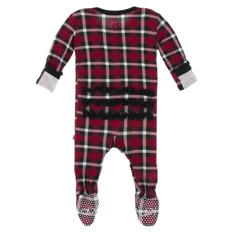 Print Bamboo Classic Ruffle Footie with Zipper - Crimson 2020 Holiday Plaid - Image 2