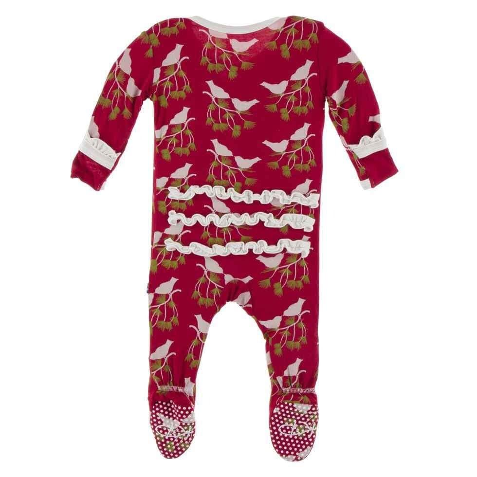 Print Bamboo Classic Ruffle Footie with Zipper - Crimson Kissing Birds - Image 2