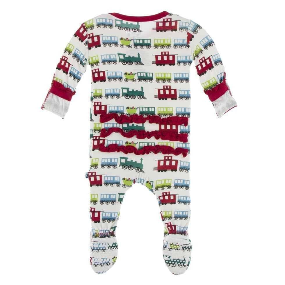 Print Bamboo Classic Ruffle Footie with Zipper - Natural Toy Train - Image 2