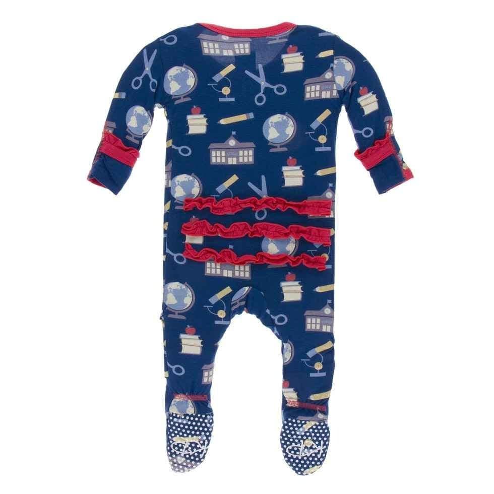 Print Bamboo Classic Ruffle Footie with Zipper - Navy Education - Image 2
