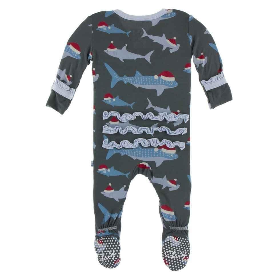 Print Bamboo Classic Ruffle Footie with Zipper - Pewter Santa Sharks - Image 2