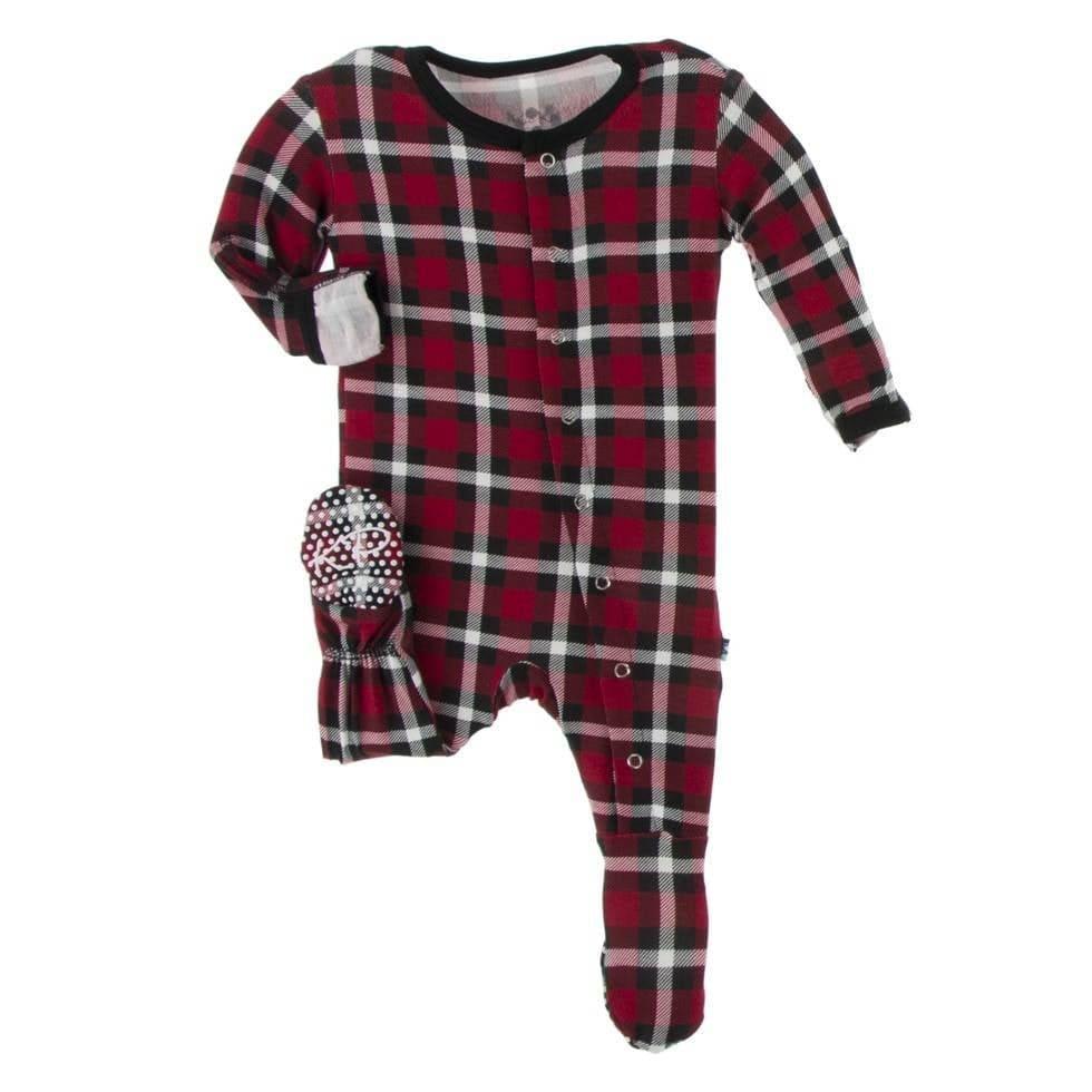 Print Bamboo Footie with Snaps - Crimson 2020 Holiday Plaid - Image 2
