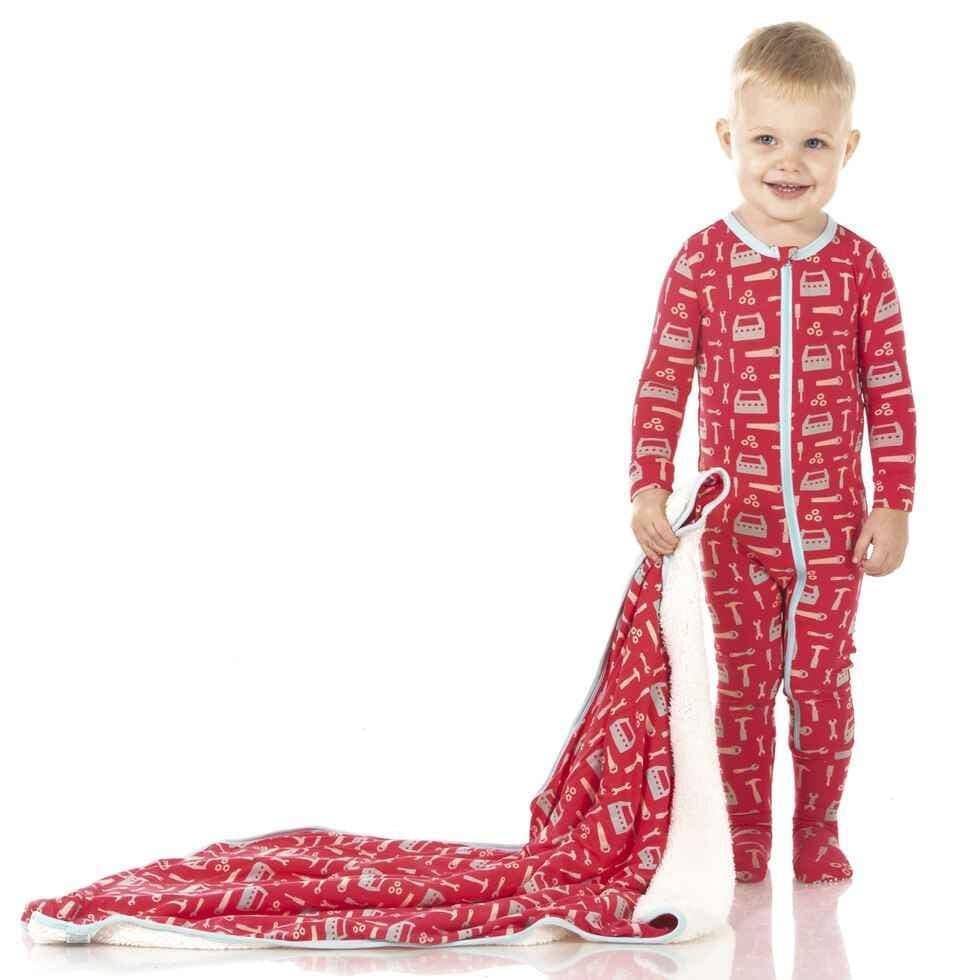 Print Bamboo Footie with Snaps - Flag Red Construction - Image 2