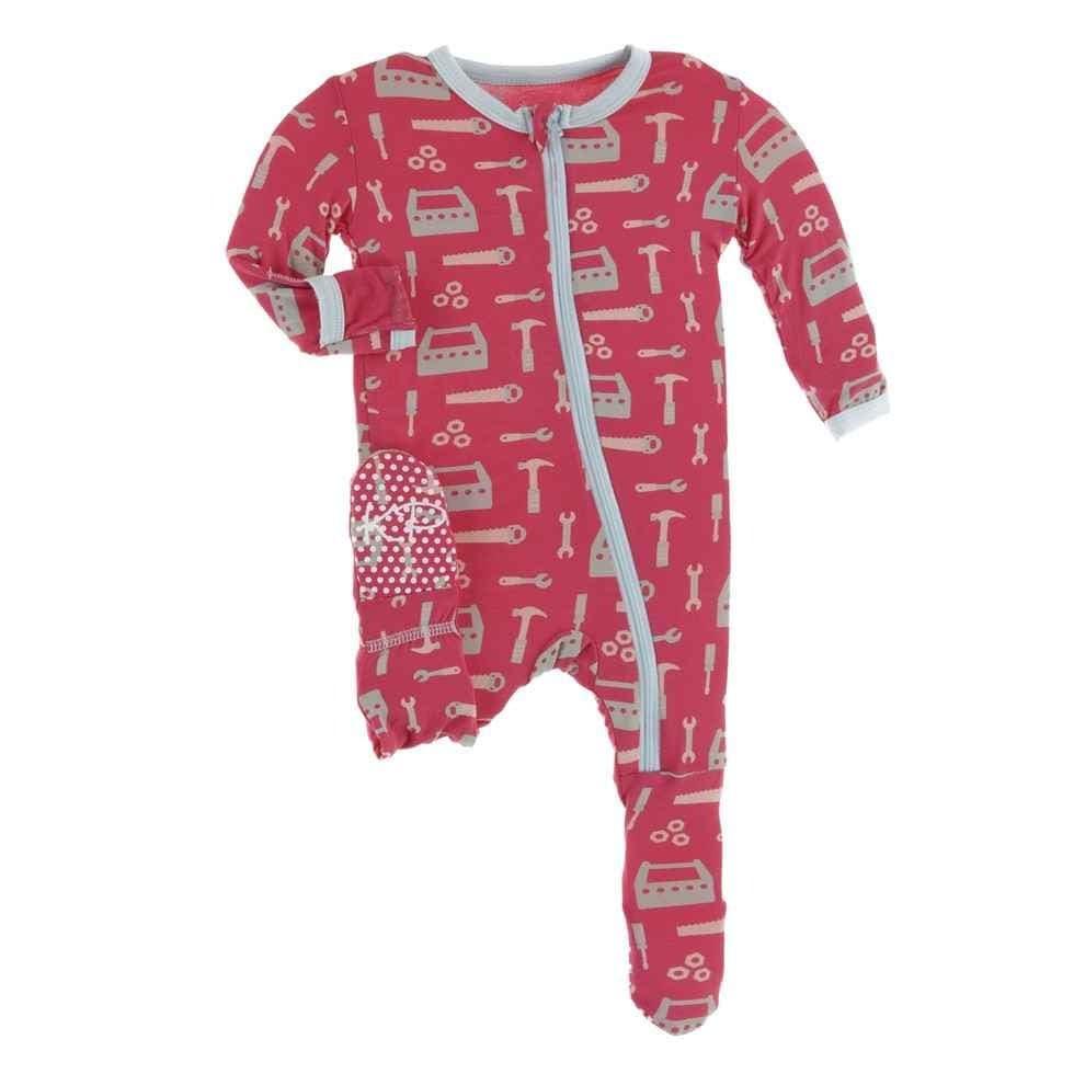 Print Bamboo Footie with Zipper - Flag Red Construction - Image 2