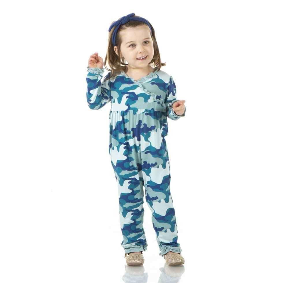 Print Bamboo Long Sleeve Kimono Ruffle Romper - Oasis Military - Image 2