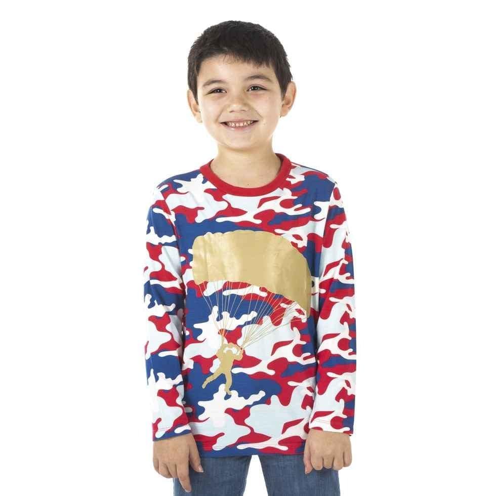 Print Bamboo Long Sleeve Easy Fit Crew Neck Tee - Flag Red Military Paratrooper - Image 2