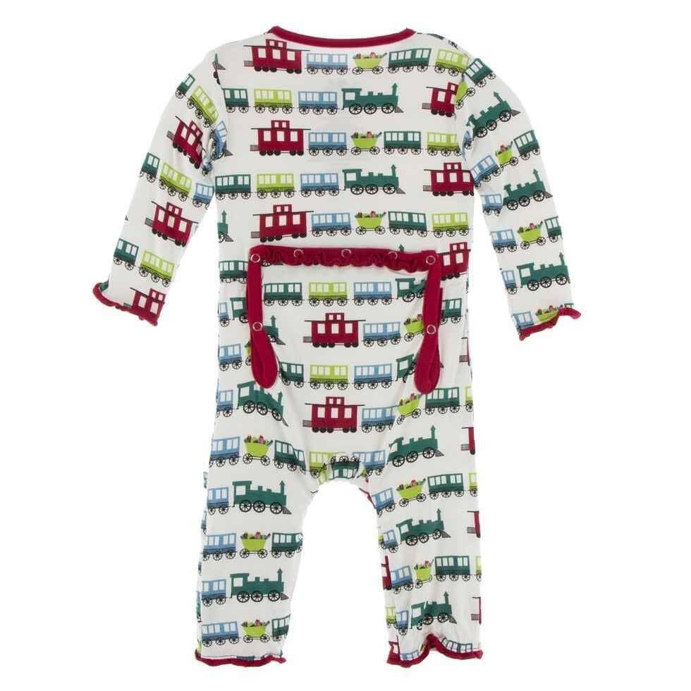 Print Bamboo Muffin Ruffle Coverall with Zipper - Natural Toy Train - Image 2