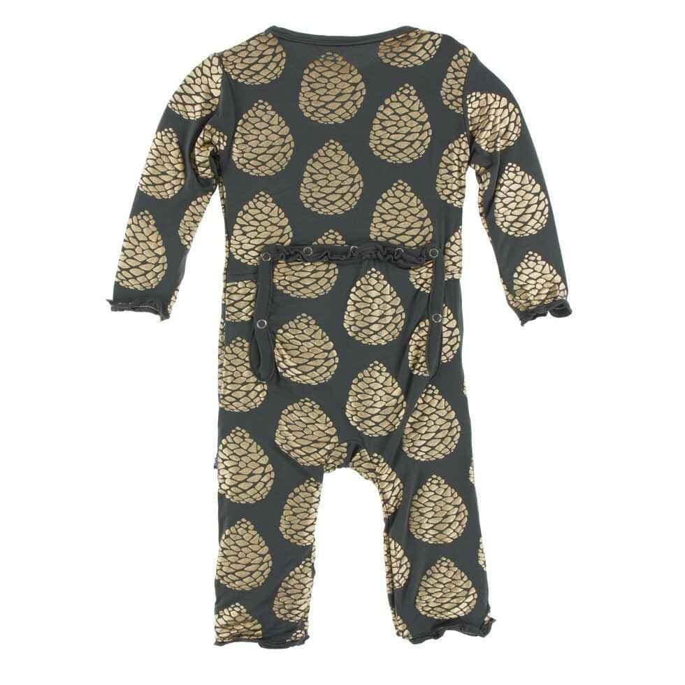Print Bamboo Muffin Ruffle Coverall with Zipper - Pewter Pinecones - Image 2