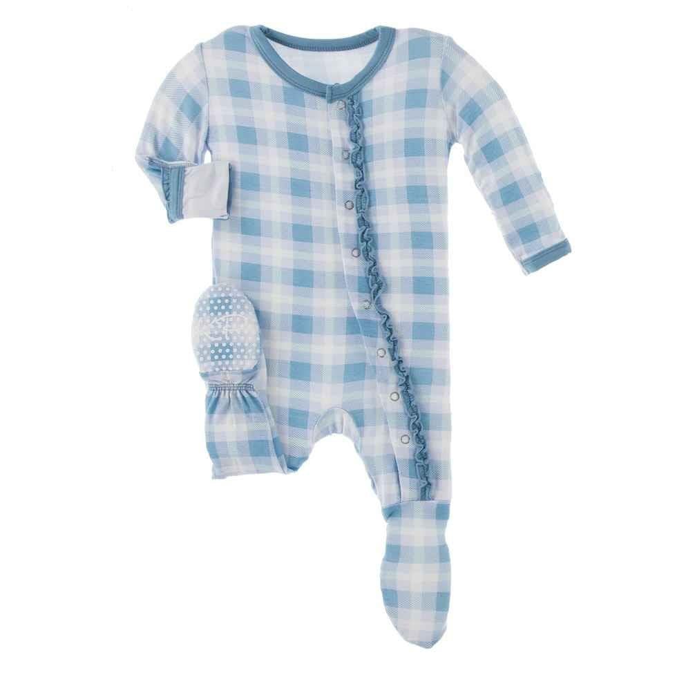Print Bamboo Muffin Ruffle Footie with Snaps - Blue Moon 2020 Holiday Plaid