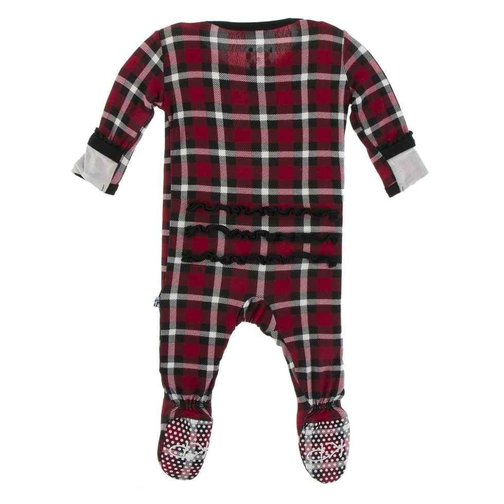 Print Bamboo Muffin Ruffle Footie with Snaps - Crimson 2020 Holiday Plaid - Image 2