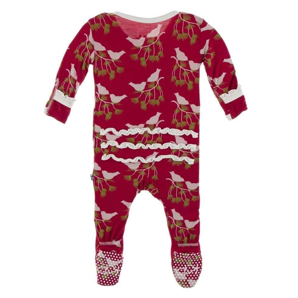 Print Bamboo Muffin Ruffle Footie with Snaps - Crimson Kissing Birds - Image 2