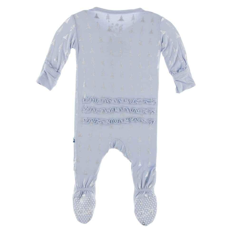 Print Bamboo Muffin Ruffle Footie with Snaps - Frost Silver Trees - Image 2