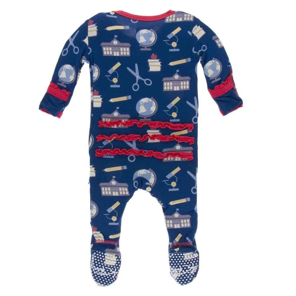 Print Bamboo Muffin Ruffle Footie with Snaps - Navy Education - Image 2
