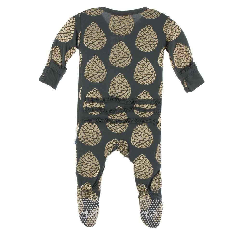 Print Bamboo Muffin Ruffle Footie with Snaps - Pewter Pinecones - Image 2