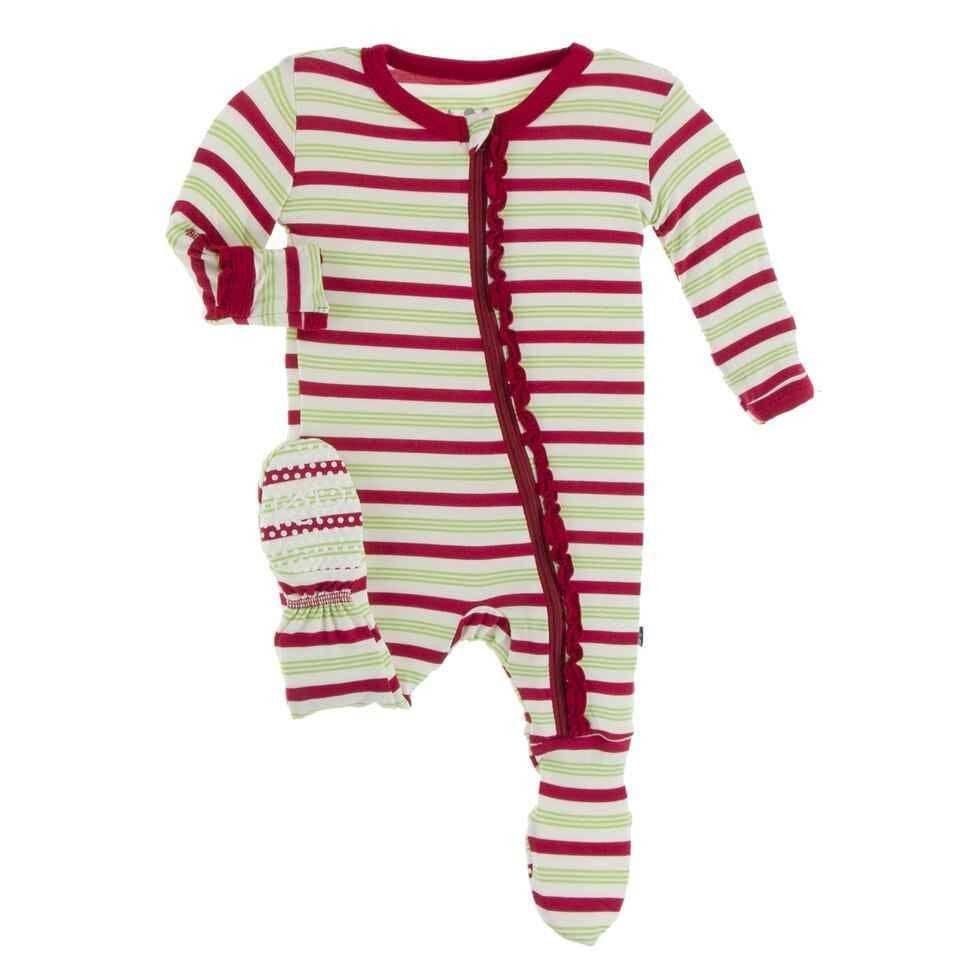 Print Bamboo Muffin Ruffle Footie with Zipper - Candy Cane Stripe - Image 3