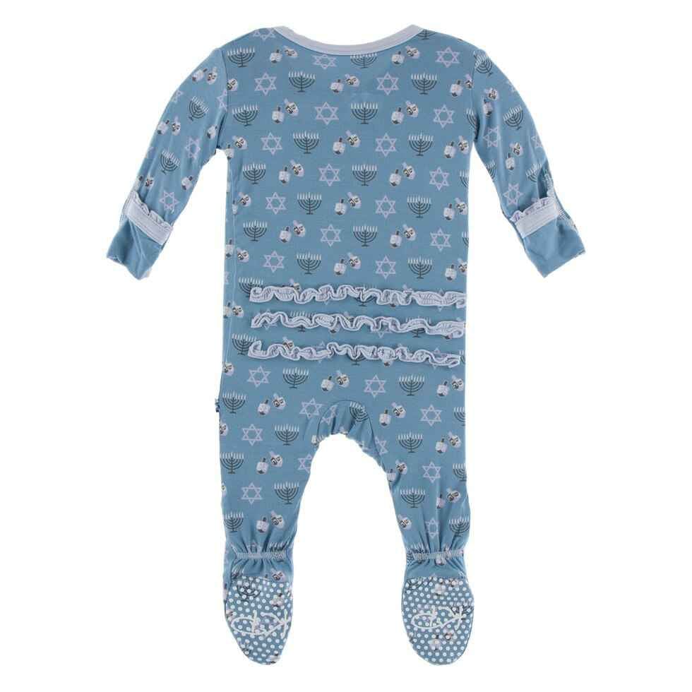 Print Muffin Ruffle Footie with Zipper - Blue Moon Hanukkah - Image 2