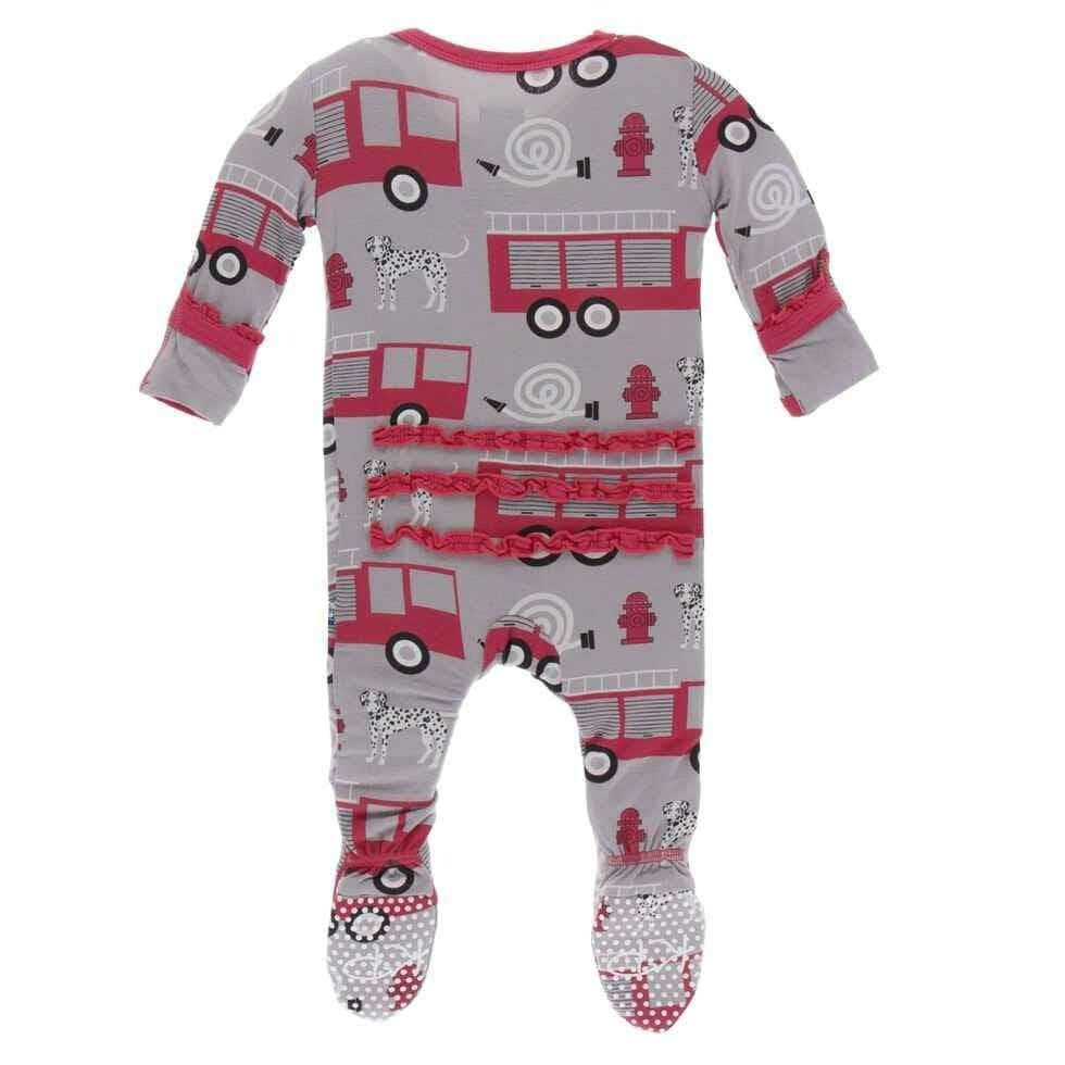 Print Bamboo Muffin Ruffle Footie with Zipper - Feather Firefighter - Image 2