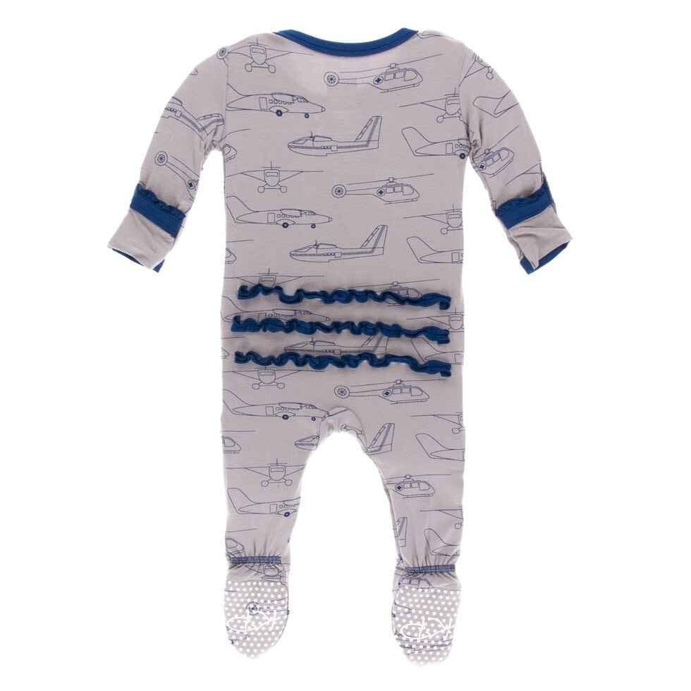 Print Bamboo Muffin Ruffle Footie with Zipper - Feather Heroes in the Air - Image 2