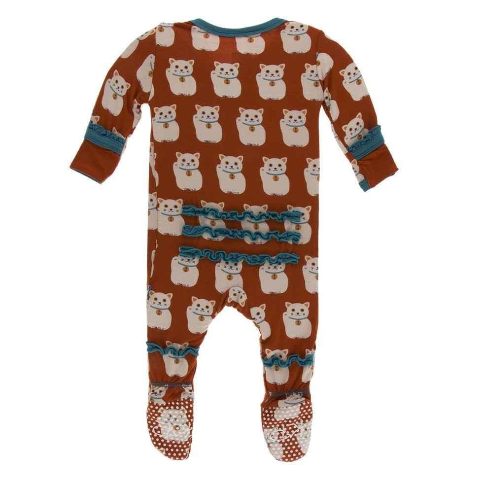 Print Bamboo Muffin Ruffle Footie with Zipper - Lucky Cat - Image 2