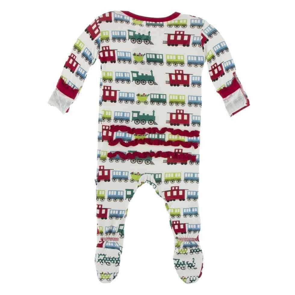 Print Bamboo Muffin Ruffle Footie with Zipper - Natural Toy Train - Image 2