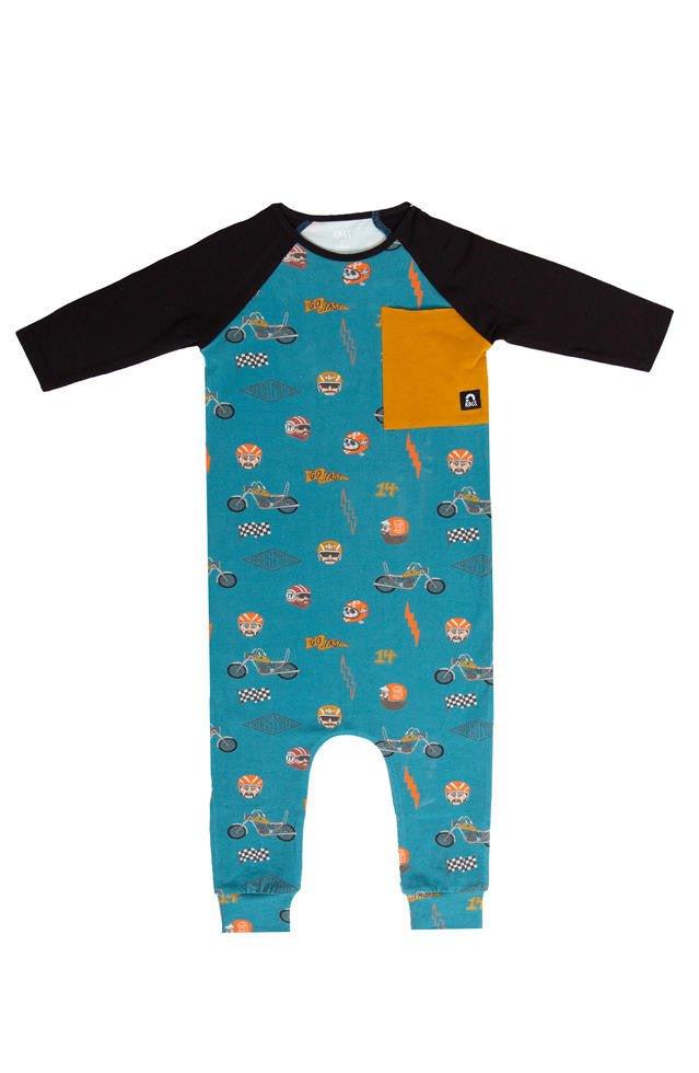 Boy's 3/4 Raglan Sleeve Big Pocket Rag Romper - Moto Gang - Hydro
