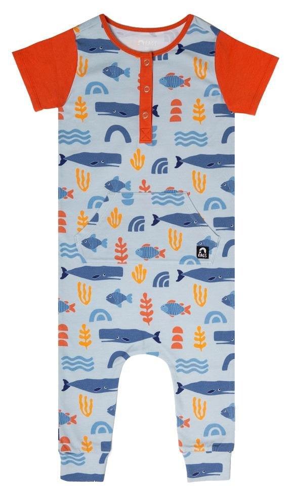 Boy's Retro Short Sleeve Henley Kangaroo Pocket Rag Romper - Abstract Ocean