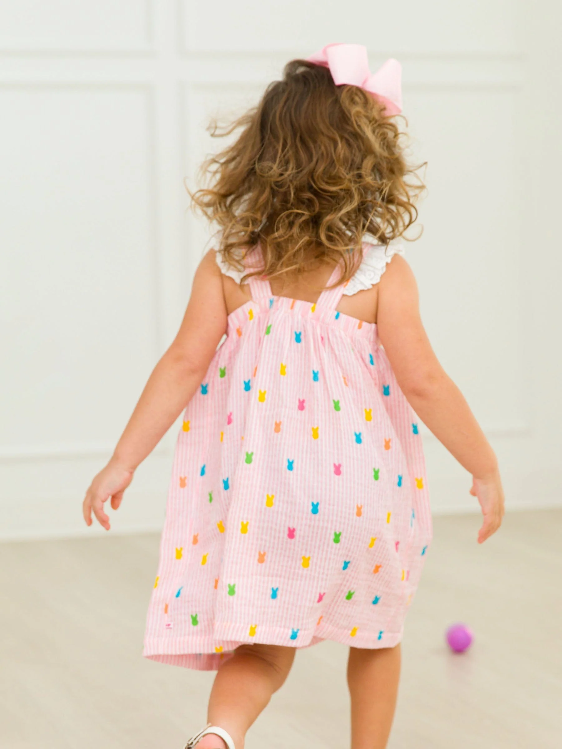 Cotton Gauze Flutter Sleeve Bow Front Woven Dress - Pink Bunny Stripe - Image 3