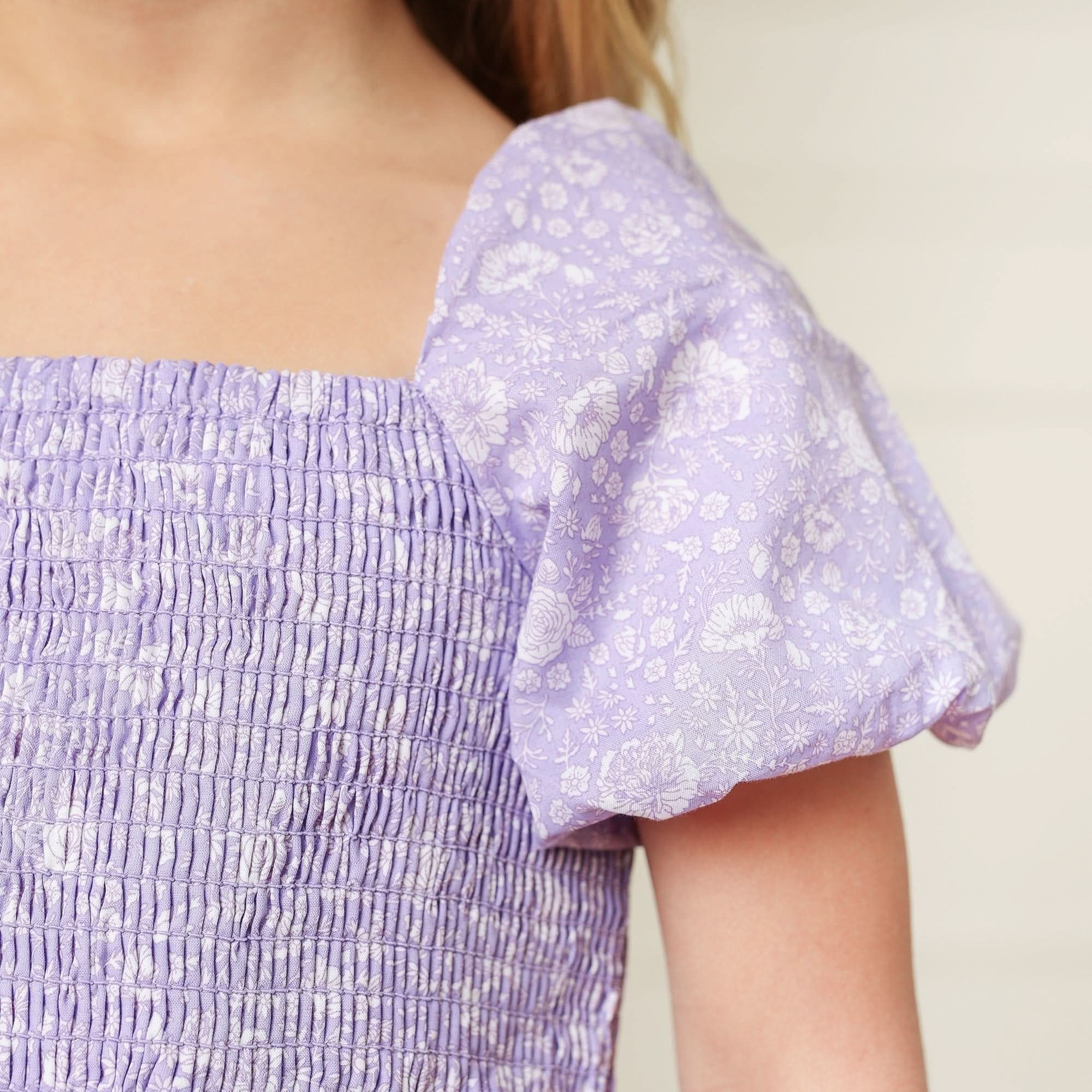 Smocked Bubble Sleeve Dress - Lavender Field Floral - Image 3