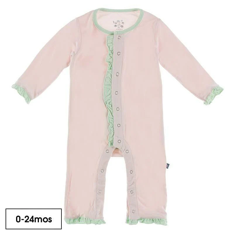 Solid Bamboo Long Sleeve Dahlia Flower Romper - Macaroon with Pistachio - Image 2