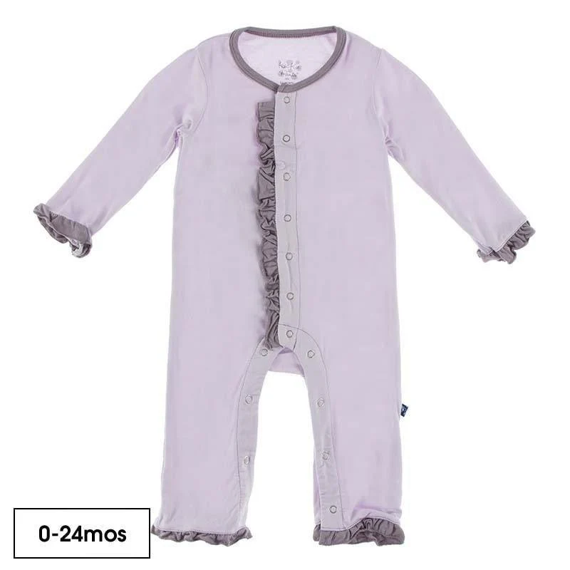 Solid Bamboo Long Sleeve Dahlia Flower Romper - Thistle with Quail - Image 2