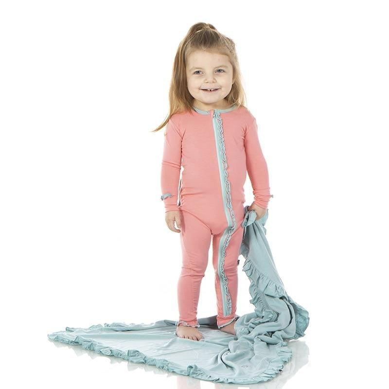 Solid Bamboo Muffin Ruffle Coverall with Zipper (21S1) - Strawberry with Jade - Image 3