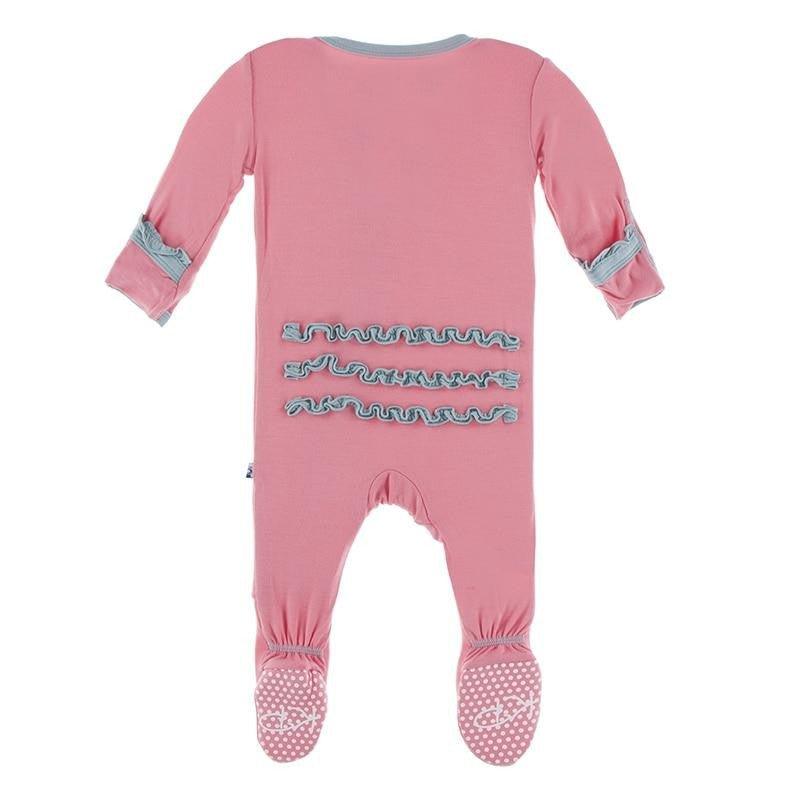 Solid Bamboo Muffin Ruffle Footie with Zipper (21S1) - Strawberry with Jade - Image 2
