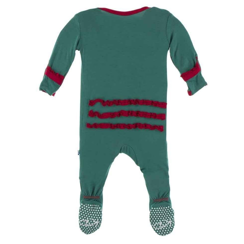 Solid Bamboo Muffin Ruffle Footie with Zipper - Ivy with Crimson WC20 - Image 2