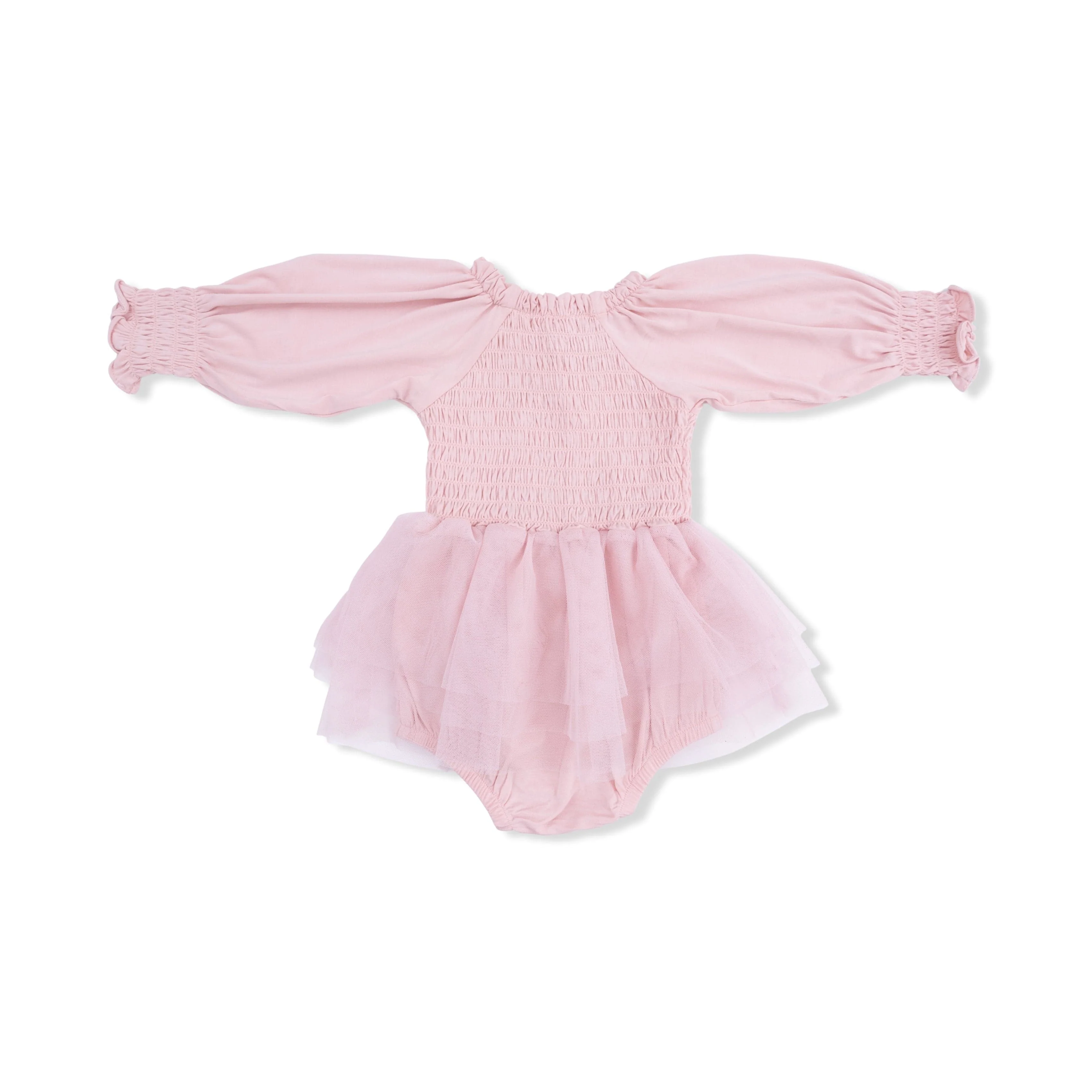 Long Sleeve Smocked Bubble Romper with Tutu - Solid Peachskin - Image 2