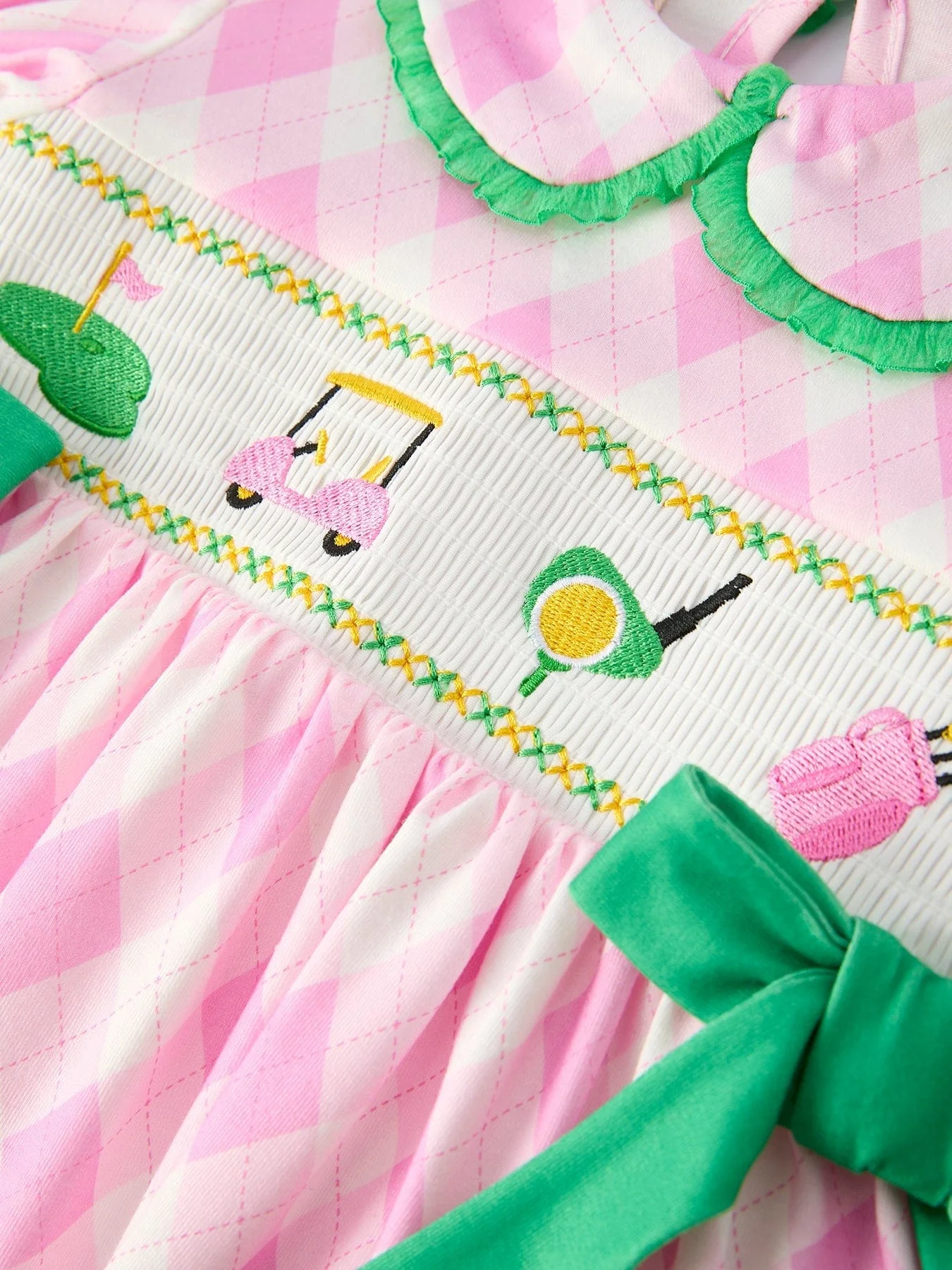 Spring Golf Embroidered Girls Smocked Bow Dress - Image 3