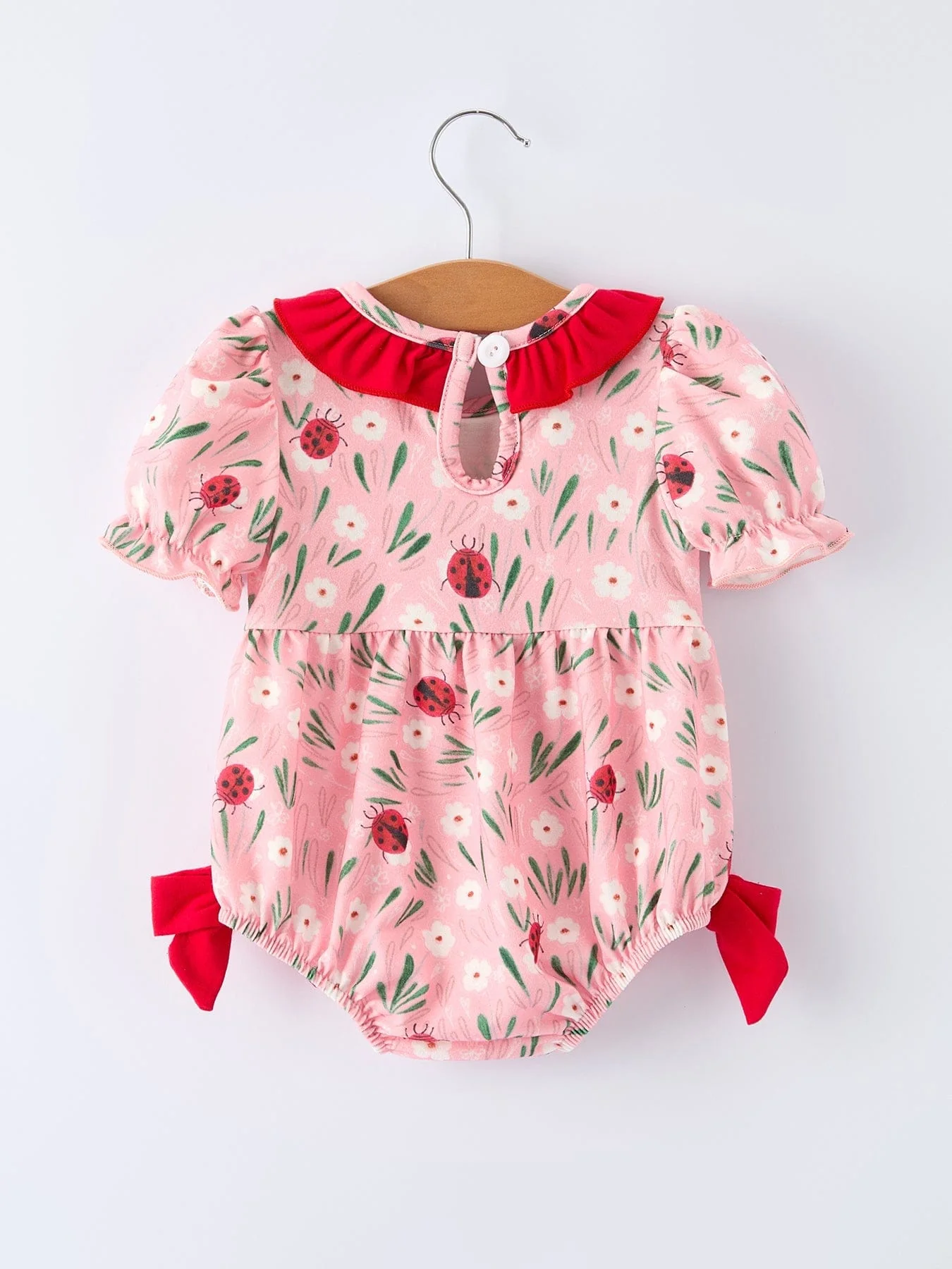 Spring Ladybug Smocked Embroidered Baby Girls Romper - Image 2