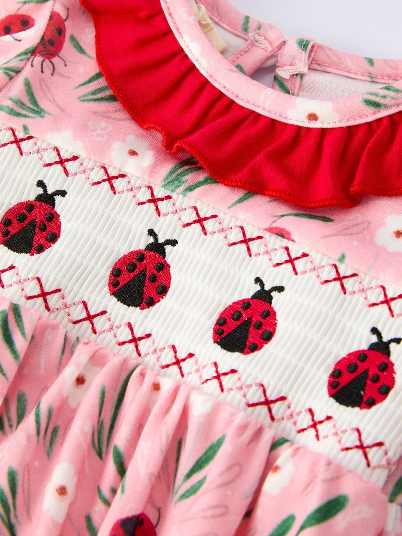 Spring Ladybug Smocked Embroidered Baby Girls Romper - Image 3
