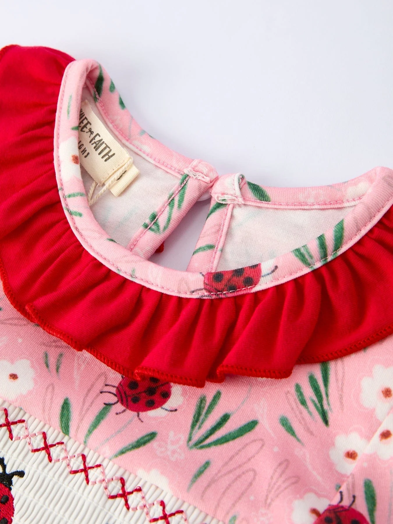 Spring Ladybug Smocked Embroidered Girls Dress - Image 3