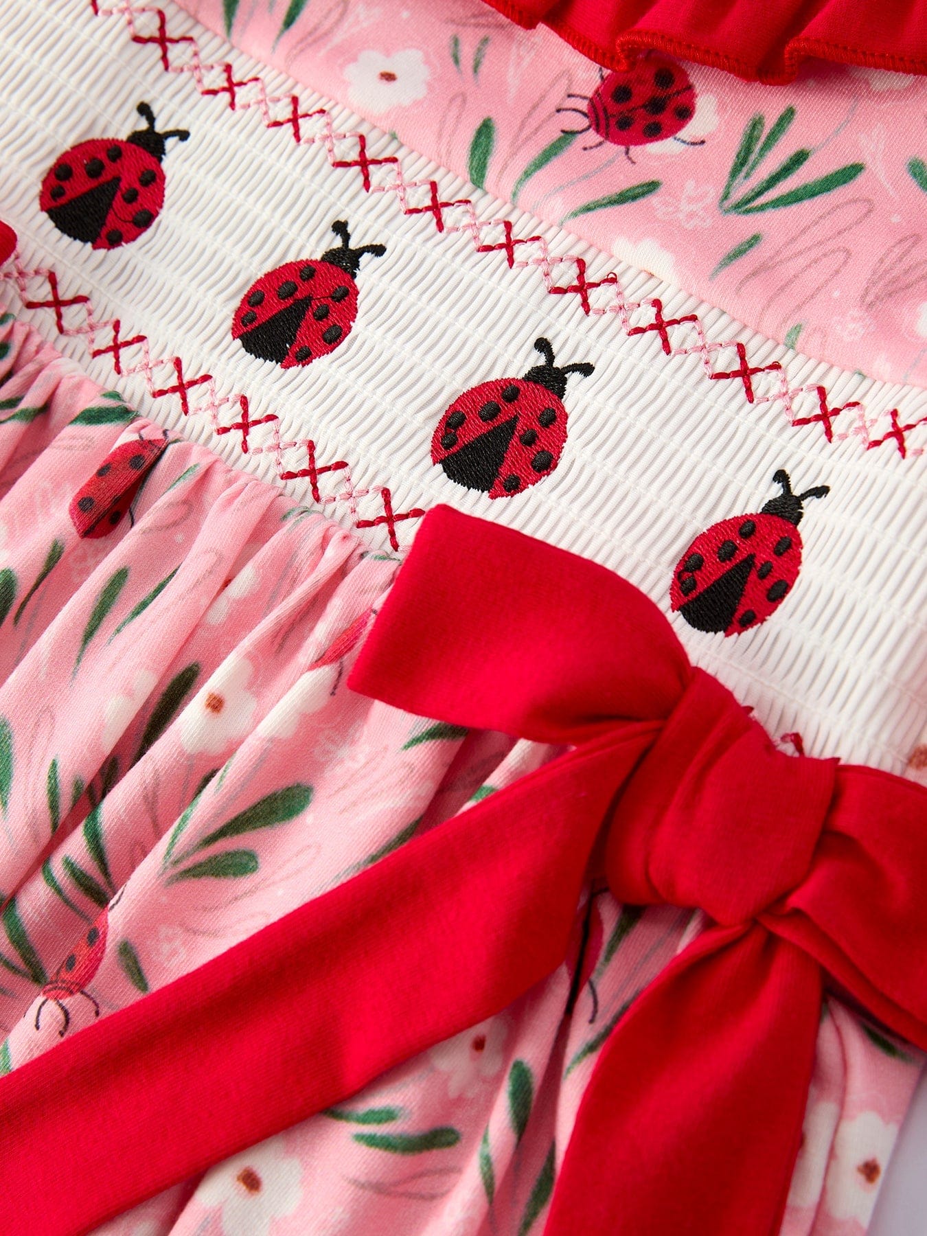 Spring Ladybug Smocked Embroidered Girls Dress - Image 4