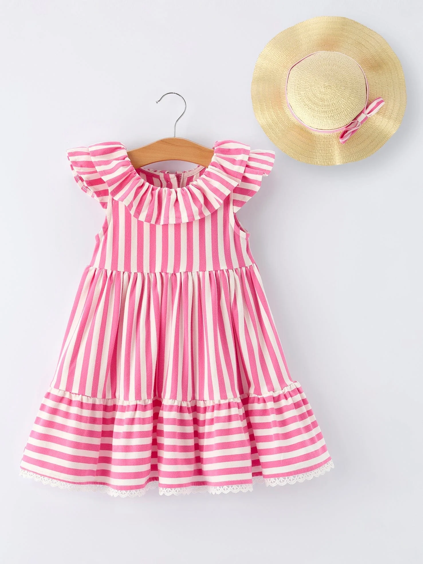 Spring Pink Striped Ruffled Girls' Dress with Hat