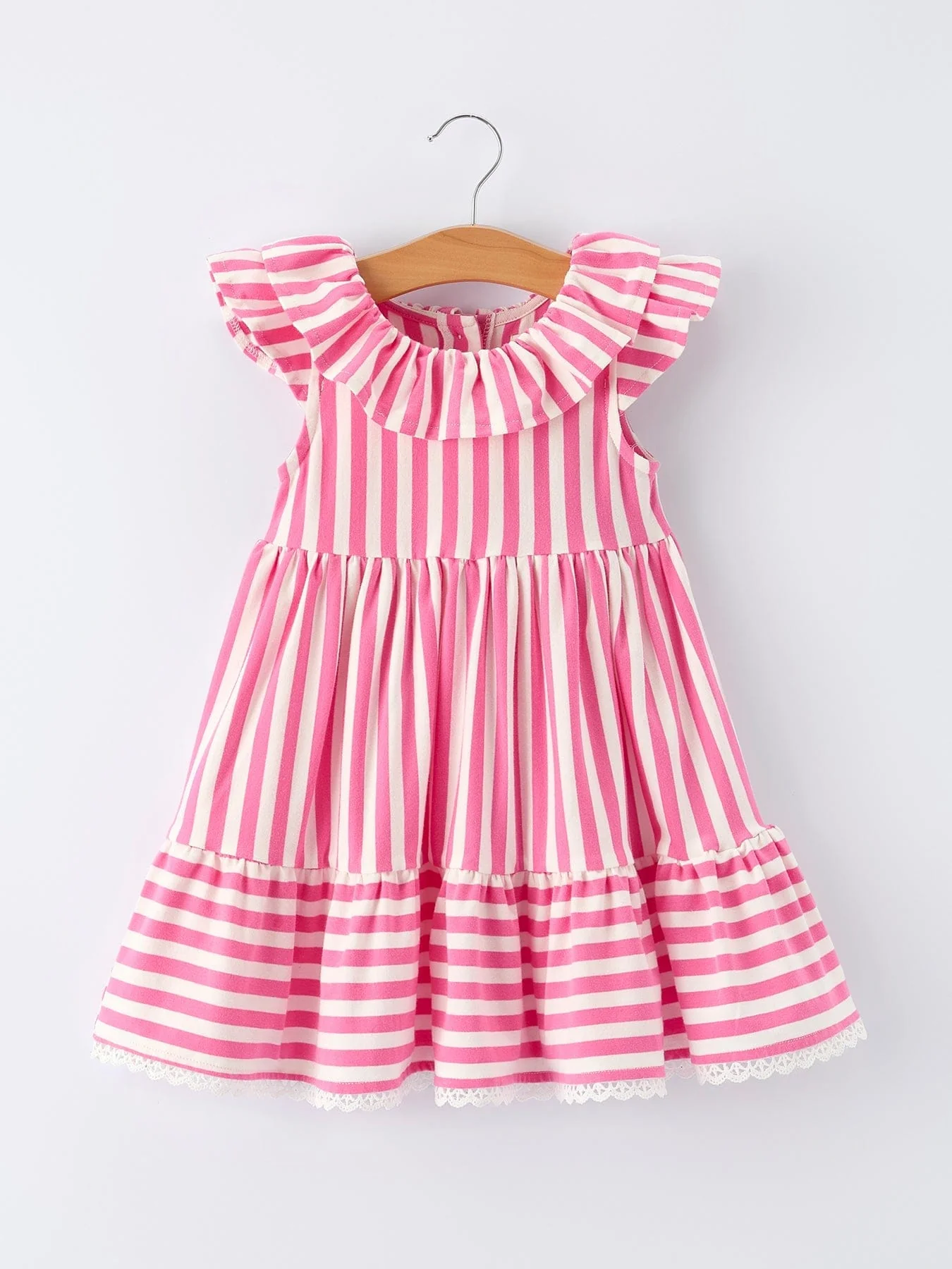 Spring Pink Striped Ruffled Girls' Dress with Hat - Image 2
