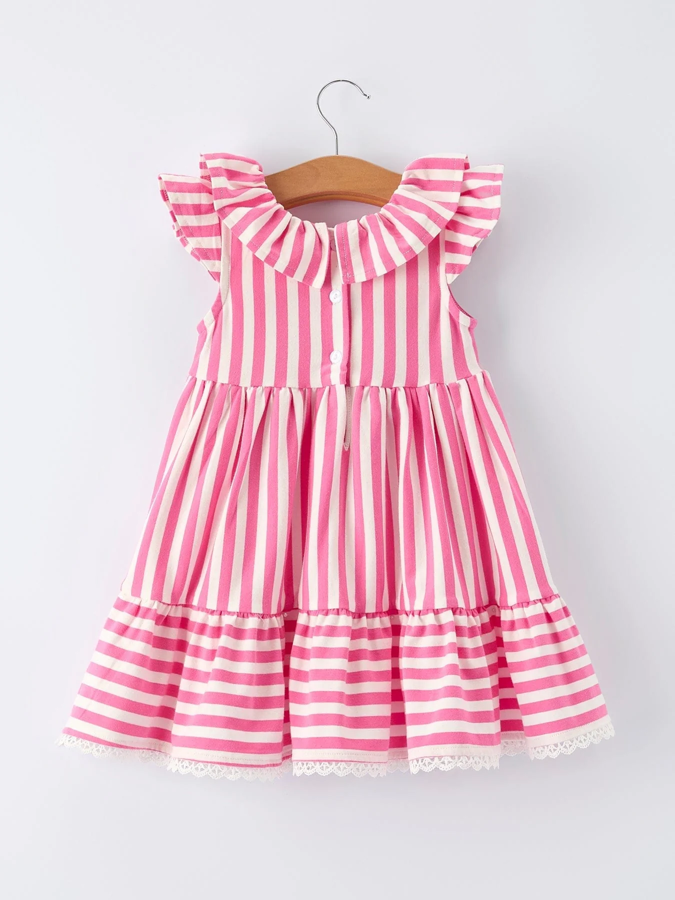Spring Pink Striped Ruffled Girls' Dress with Hat - Image 3