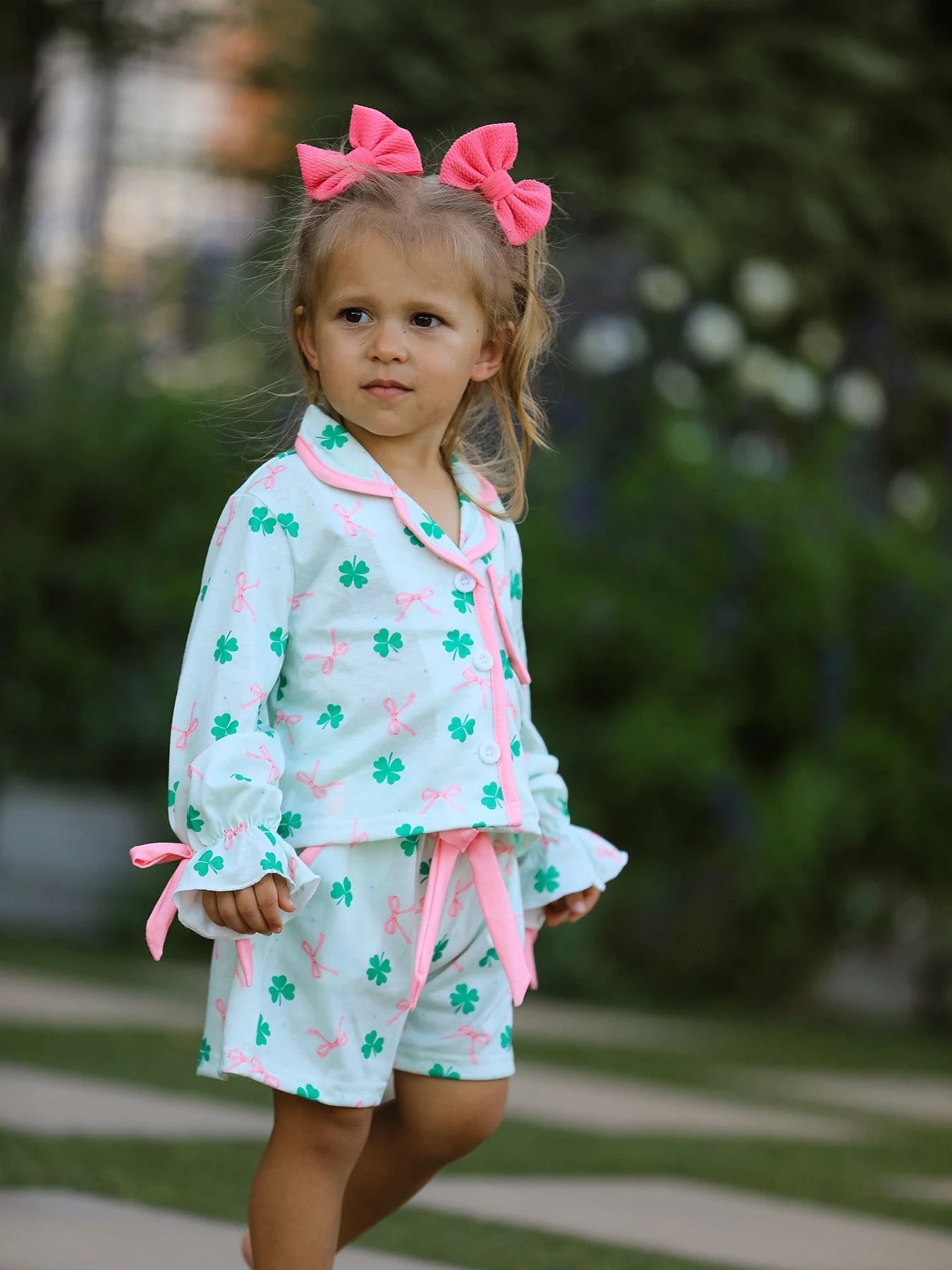 St. Patrick's Day Bow Shamrock Print Ruffles Girls Pajama Set - Image 2