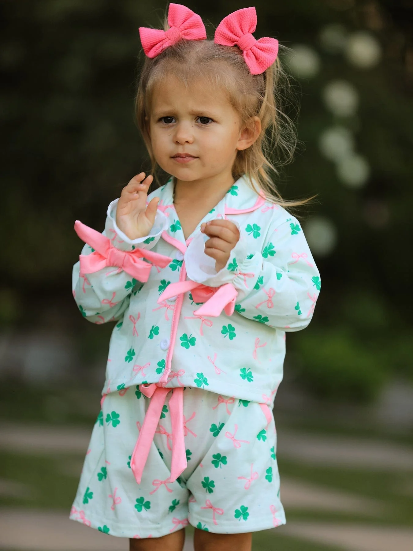 St. Patrick's Day Bow Shamrock Print Ruffles Girls Pajama Set - Image 3