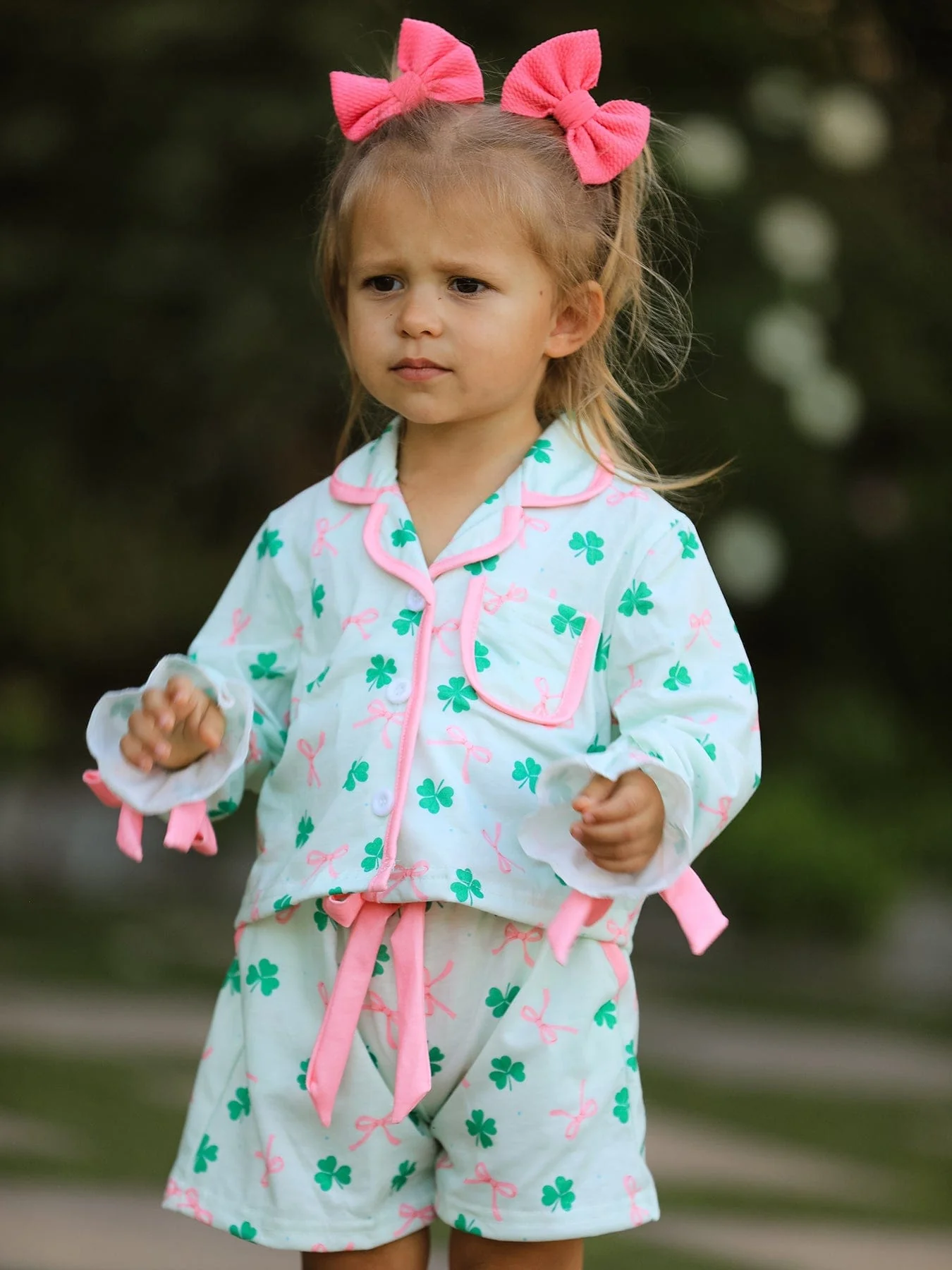 St. Patrick's Day Bow Shamrock Print Ruffles Girls Pajama Set - Image 4