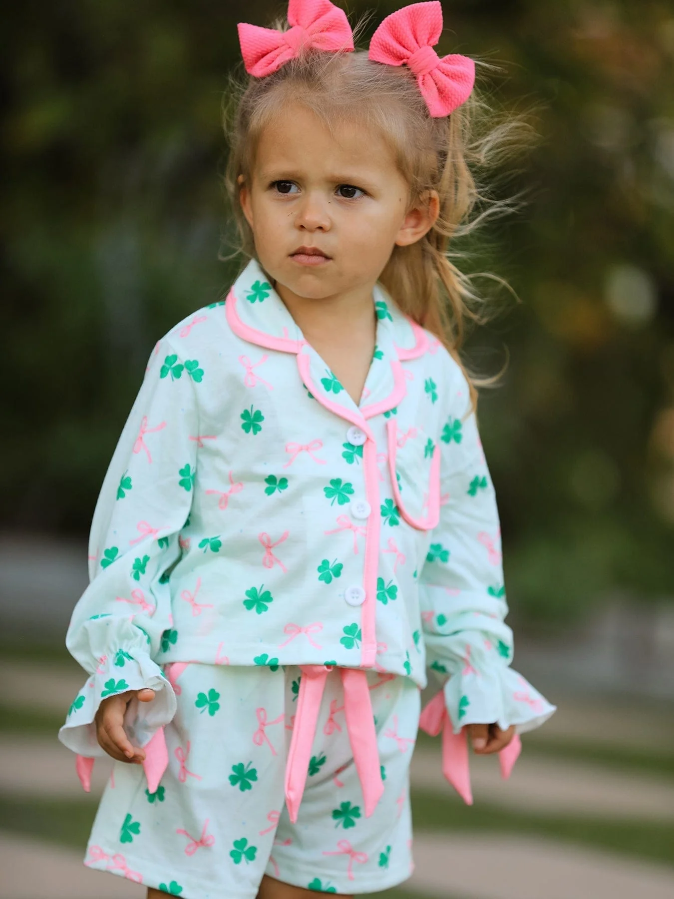 St. Patrick's Day Bow Shamrock Print Ruffles Girls Pajama Set - Image 5